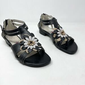 Bussola Black Tan Leather artsy Floral Flower Lisboa Sandals shoes Euro 38 US 8